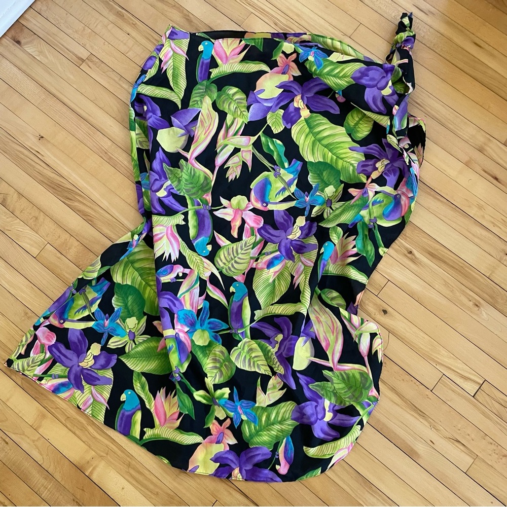 Hilo Hattie Tropical Maxi Skirt in Black with Green and Purple Floral Print